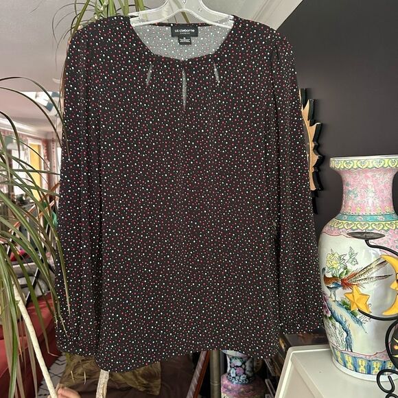 Liz Claiborne Women’s Size Medium Black White Dotted Keyhole Pullover Blouse - Picture 7 of 14